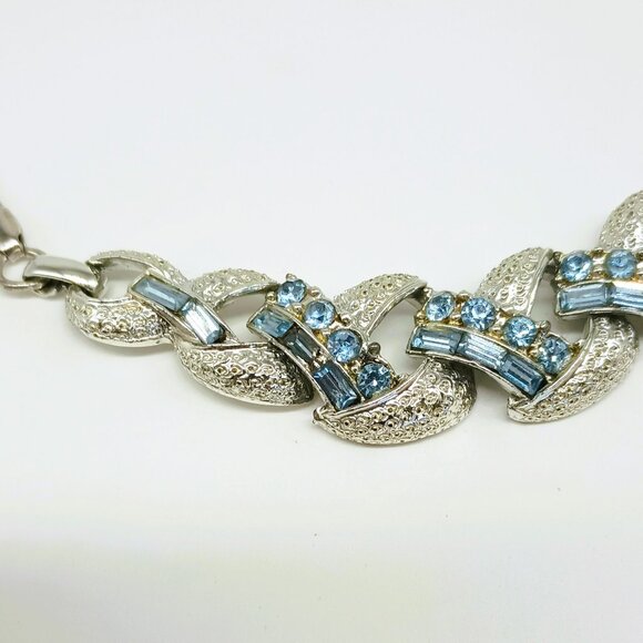 Coro Blue Baguette Collar Necklace 16" Brushed Silver Tone Link Choker - Picture 6 of 8